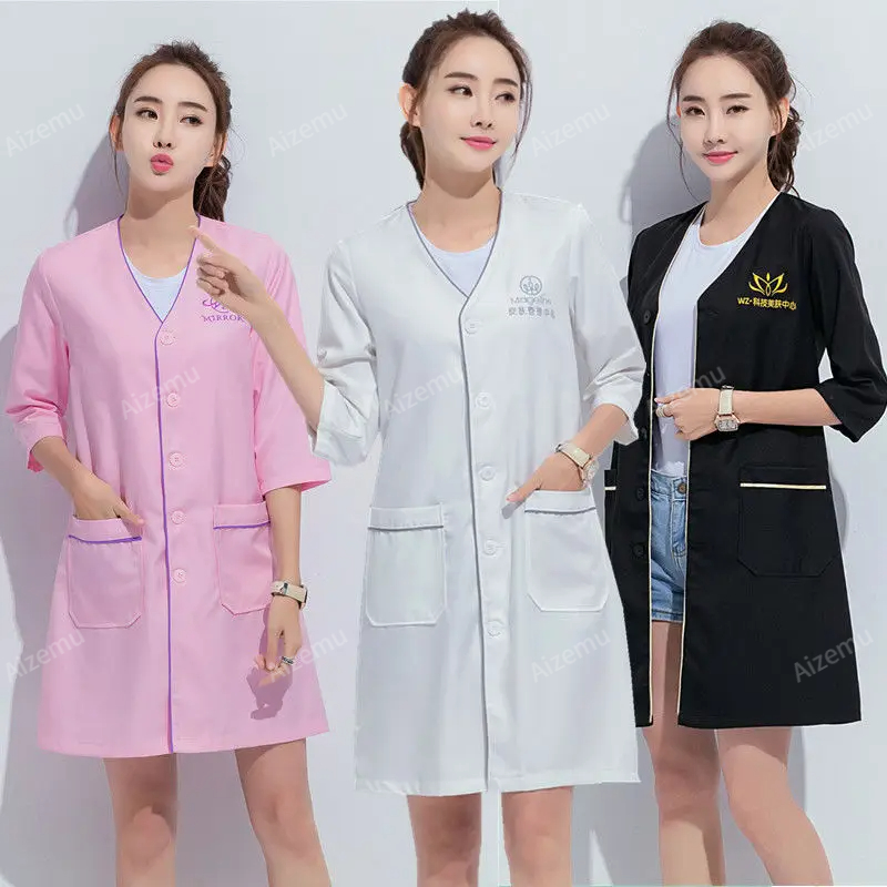 Medical Lab Logo - Zwart kort schoonheidsuniform jurk spa-uniform scrubuniform
