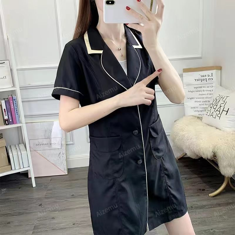 Medical Lab Logo - Zwarte Schoonheidssalon Uniform Met Korte Mouwen